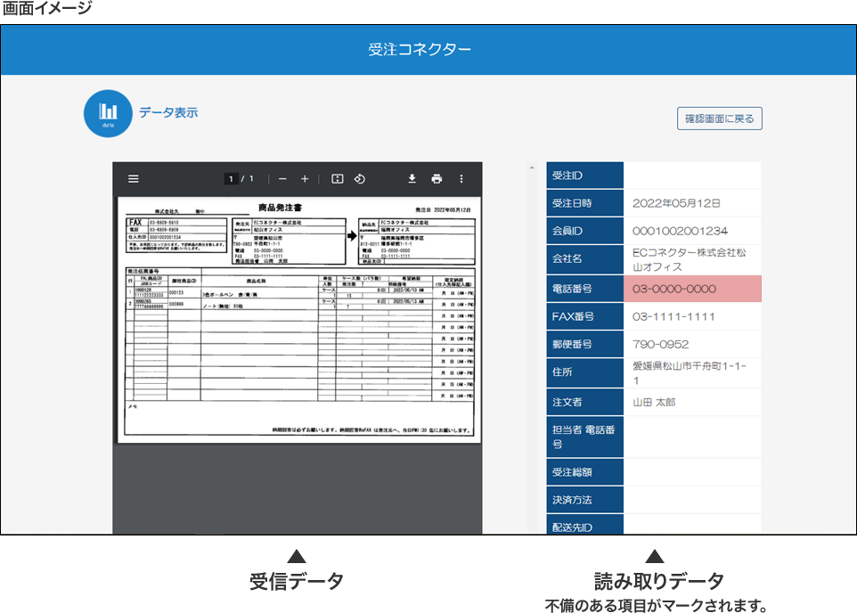 実際の受信用紙とOCR後のデータを並べて比較チェックも可能